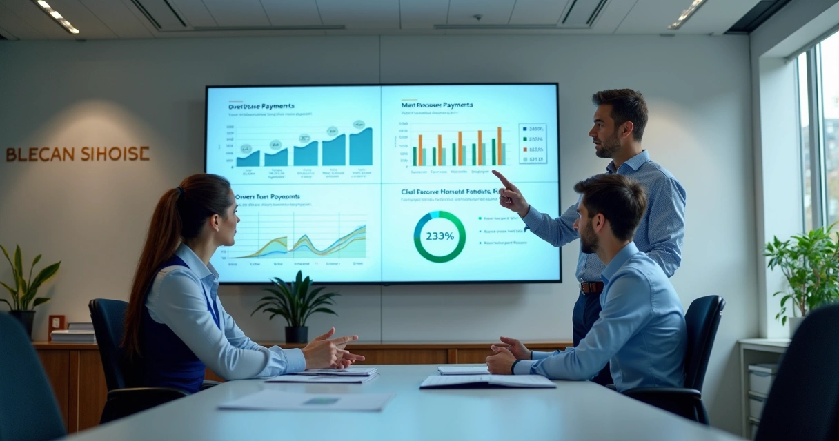Painel digital com gráfico de inadimplência escolar e equipe analisando indicadores 