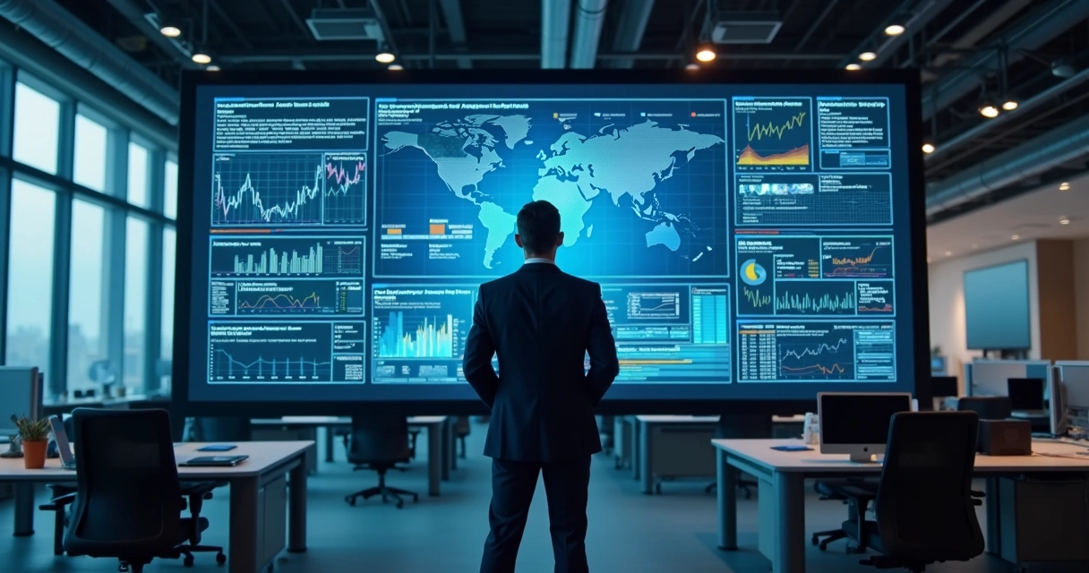 Gestor olhando para dashboard digital com indicadores de desempenho de IA 