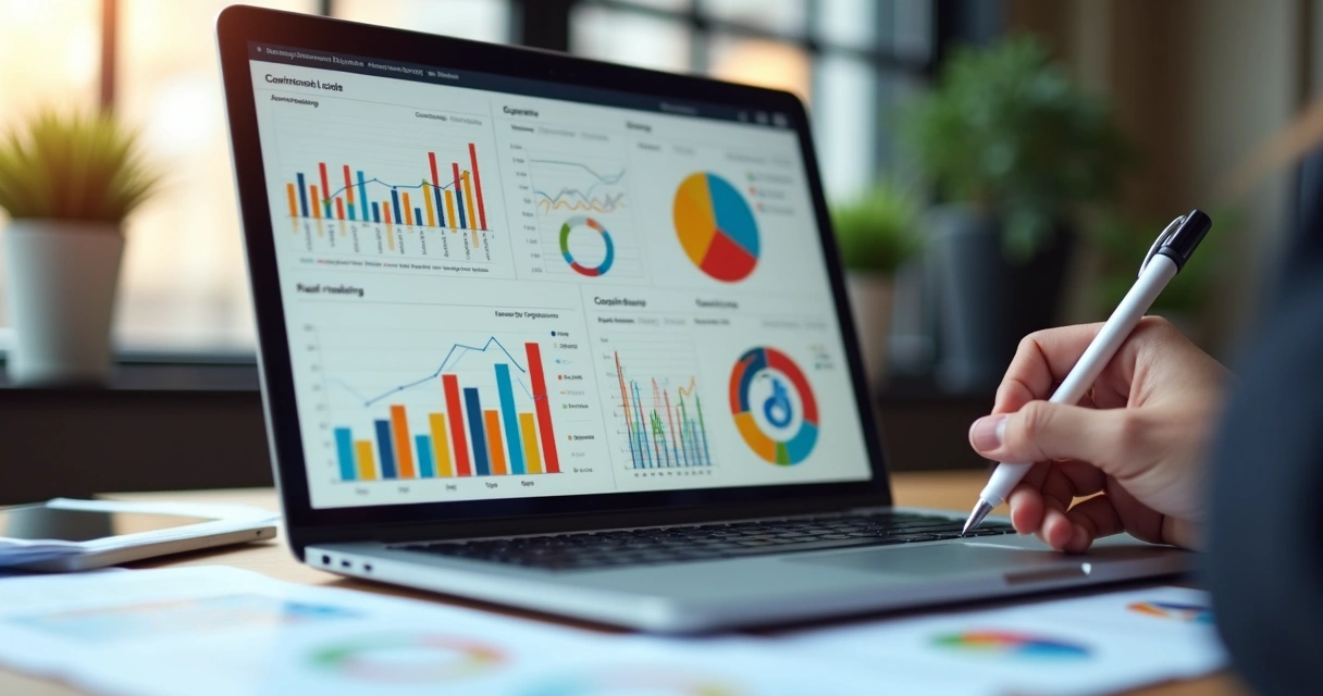 Gráficos coloridos em tela de notebook com dados de desempenho de conteúdo. 