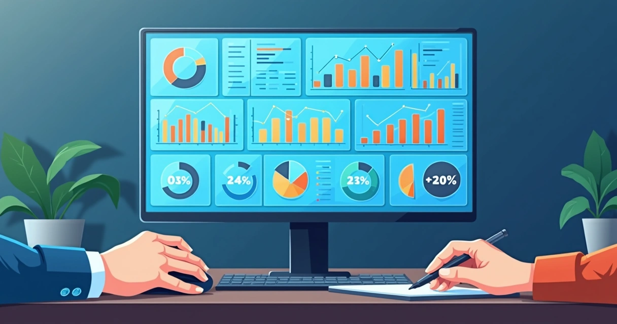 Dashboard digital mostra KPIs de compras, estoque e financeiro integrados 