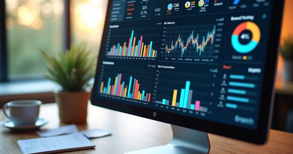 Tela de computador exibindo gráficos de indicadores de treinamento digital 