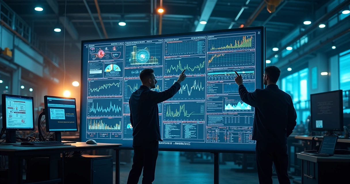 Funcionários monitorando painel de gestão de riscos em indústria