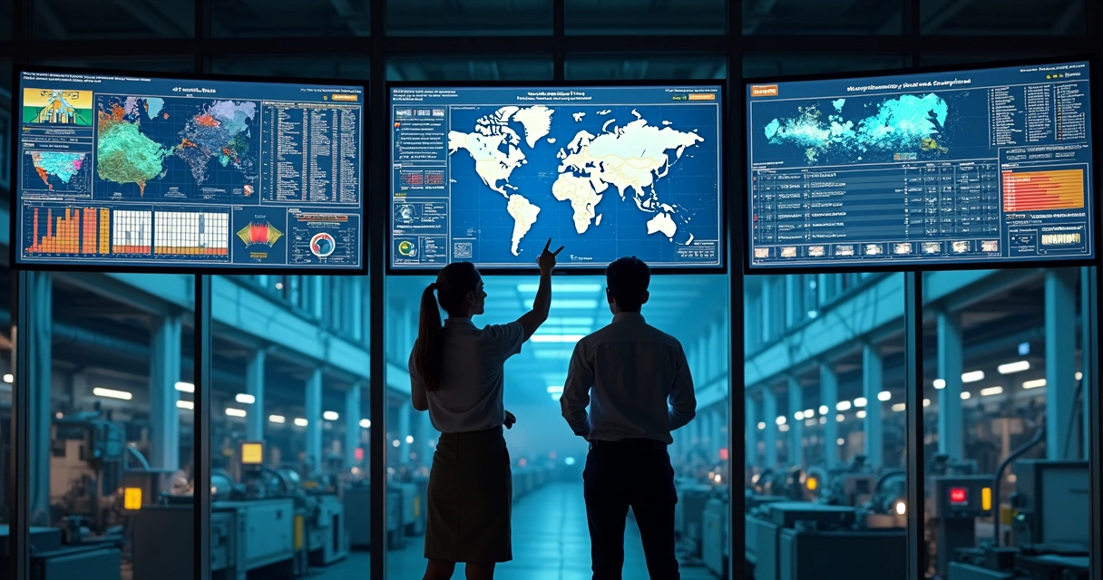 Três telas mostrando gráficos, mapas e sensores em um ambiente industrial 
