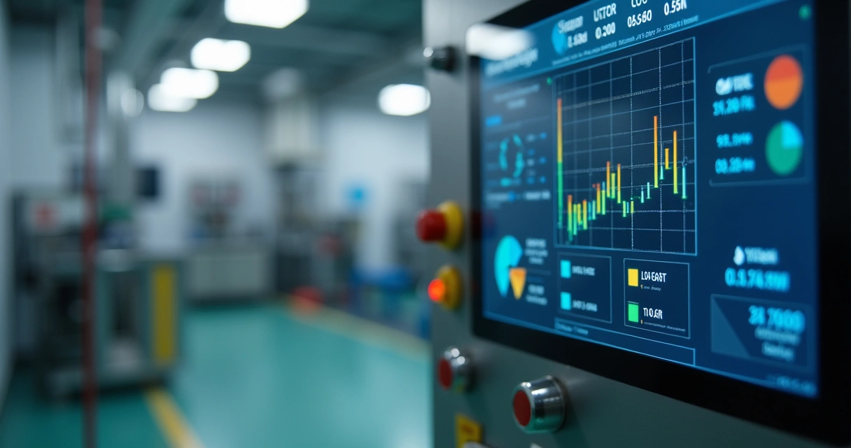 Sensor industrial com dashboard digital ao fundo 