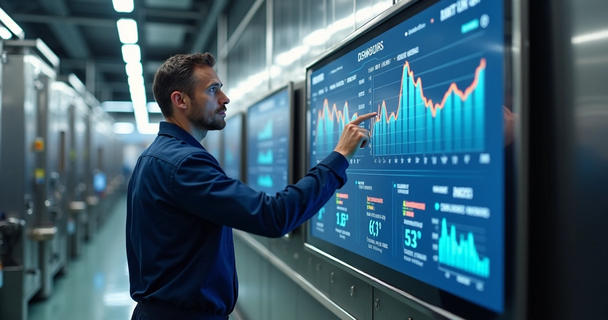 Professional analyzes digital panel with industrial sensor data in real time