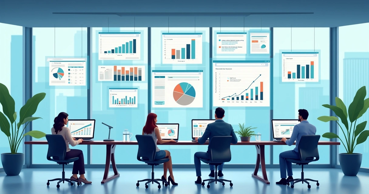 Vários gráficos e telas mostrando métricas digitais em um ambiente de escritório digital 