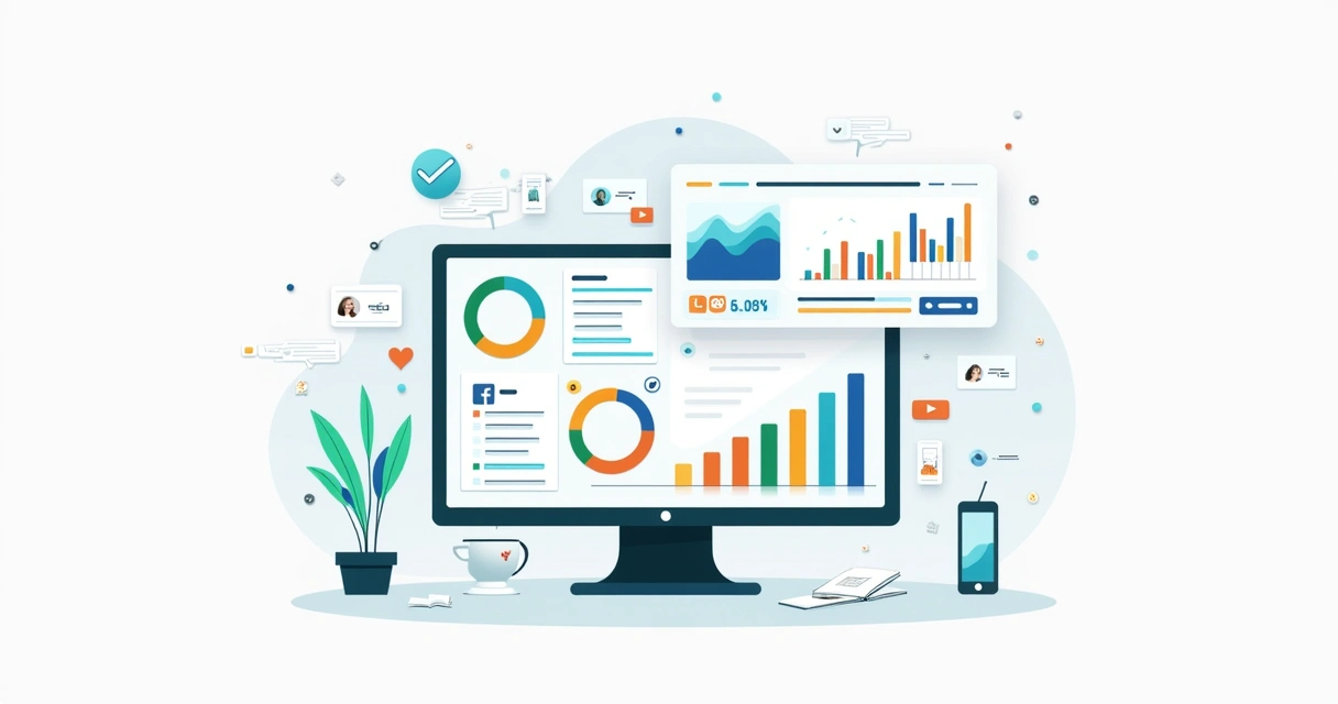 Ilustração corporativa flat mostrando análise de influenciadores com gráficos e métricas digitais coloridas 