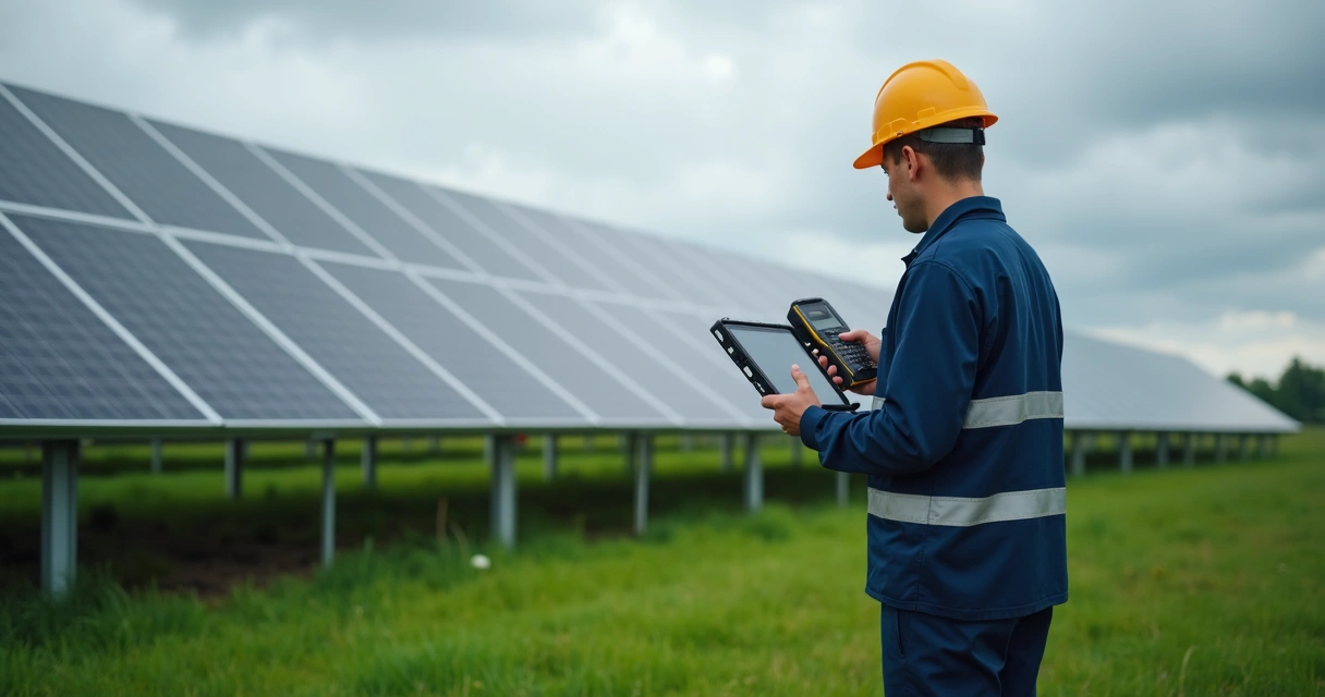 Técnico monitorando instalação de energia solar com painéis e céu nublado ao fundo 