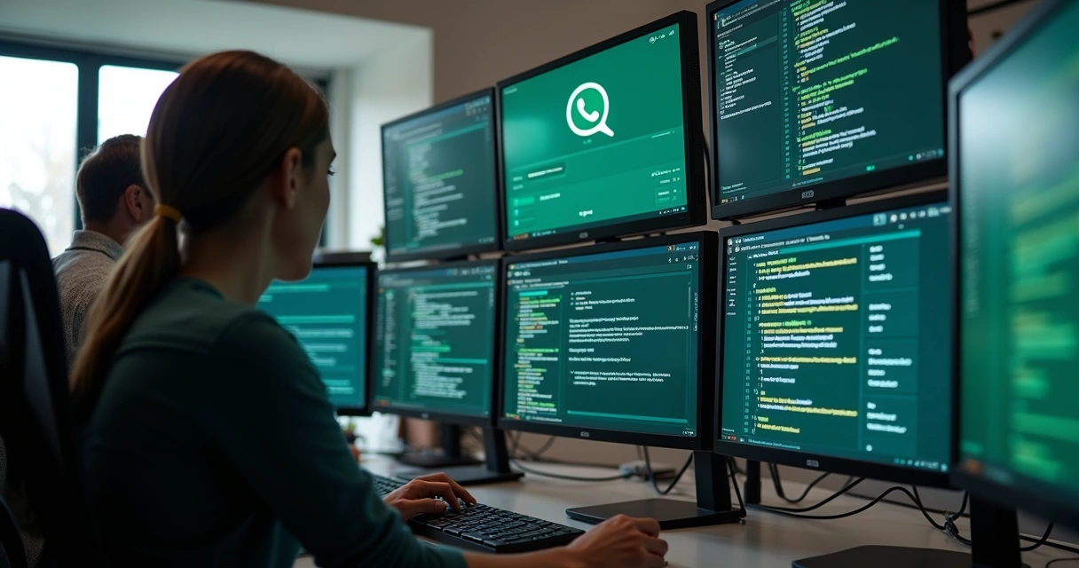 Equipe de tecnologia monitorando integração do WhatsApp com CRM em telas de computador.