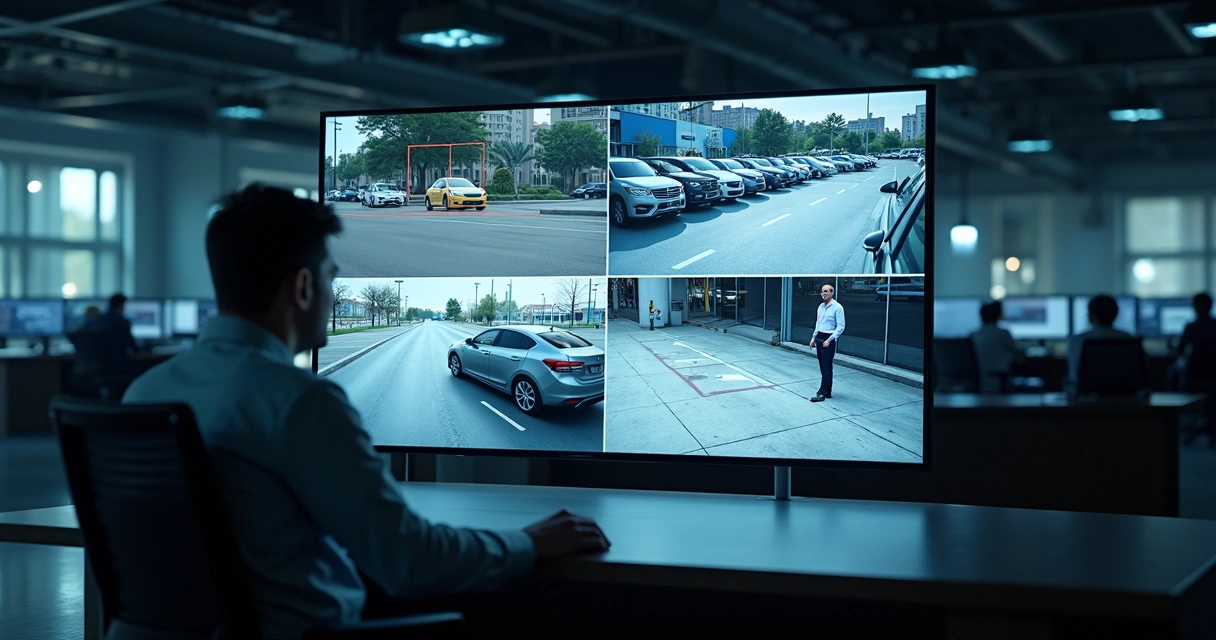Tela com análise inteligente de vídeo em estacionamento monitorado 