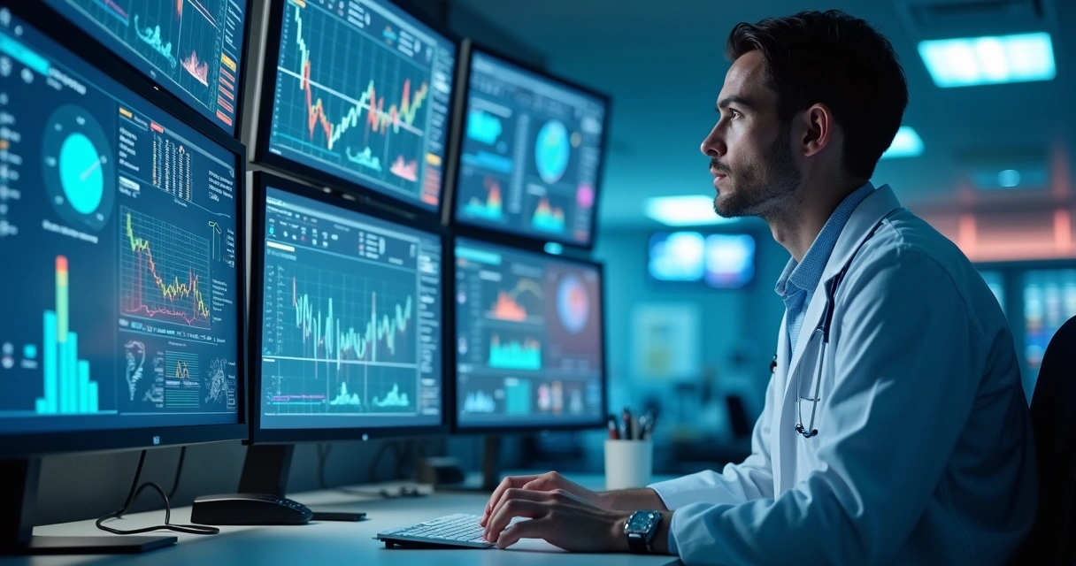 Profissional da saúde acompanha dados em painel digital 