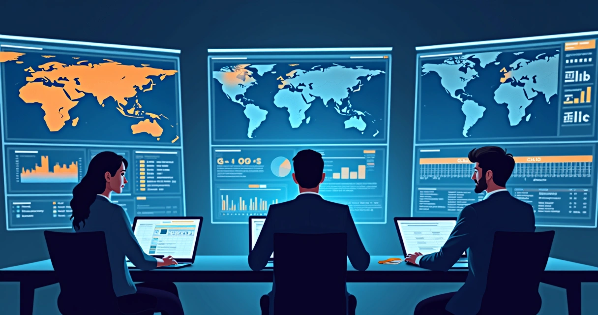 Time de TI monitorando ameaças em painéis digitais avançados