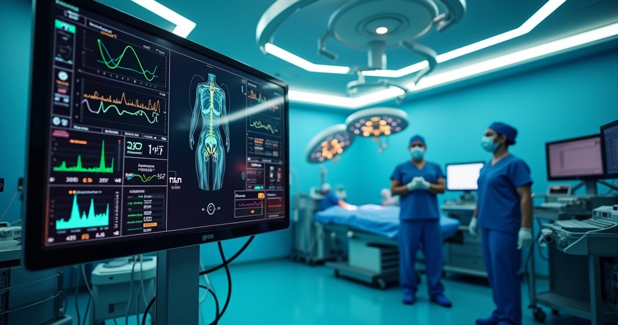Sala cirúrgica com painel digital de monitoramento intraoperatório avançado 