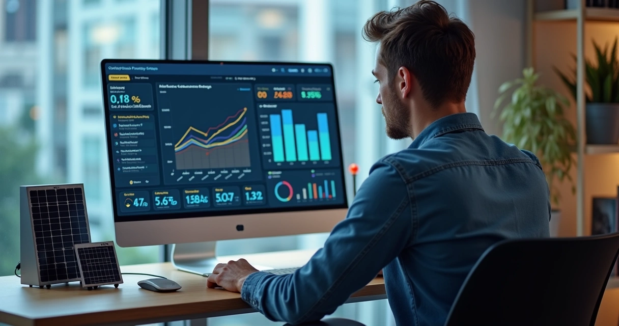Pessoa monitorando produção solar em tela de computador 