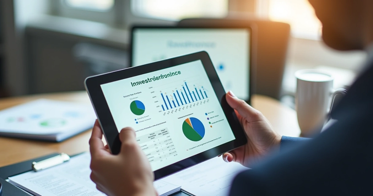 Pessoa analisando relatórios de investimentos em tablet 