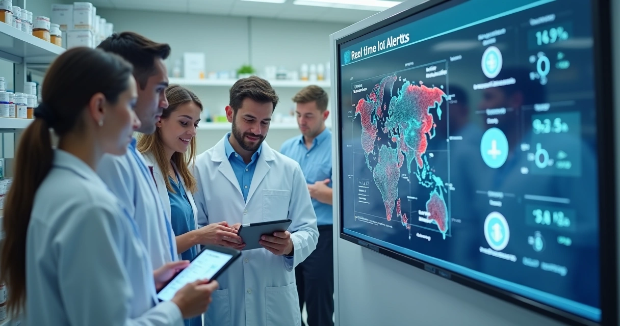 Equipe monitora painel de alertas IoT em laboratório 