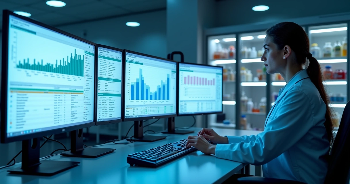Telas de monitoramento digital com gráficos de temperatura e medicamentos em prateleiras 