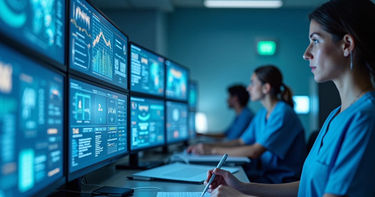 Sala de control de hospital con profesionales monitoreando paneles digitales y sensores