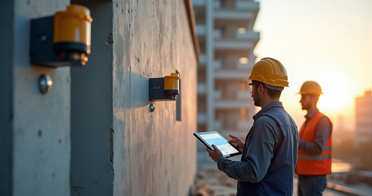 Sensores IoT instalados em estrutura de concreto real em obra residencial 