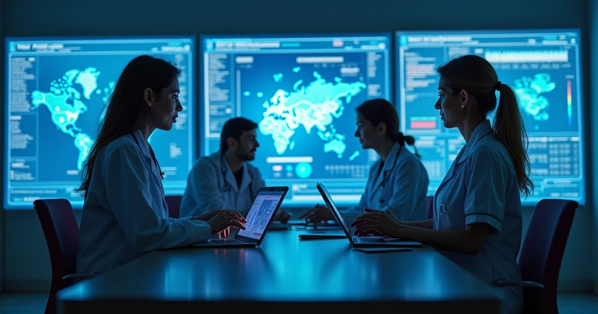 Equipe de saúde monitorando vacinas em painel digital 