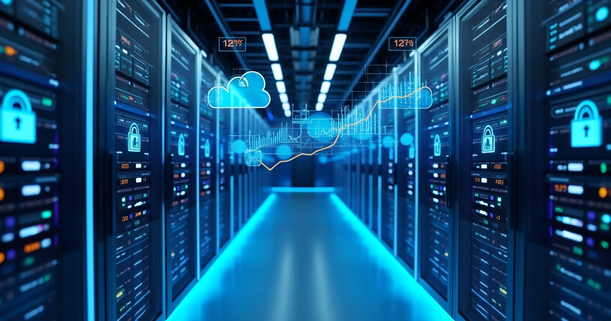 Sala de servidores e sensores conectados gerando dados 