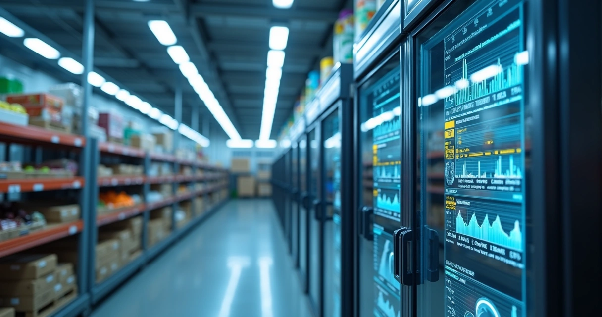 Painel digital de monitoramento IoT exibindo dados ambientais em ambiente de armazenamento de alimentos 