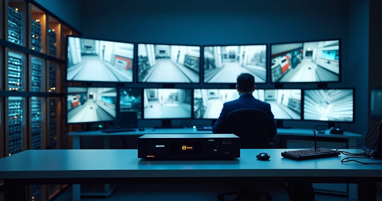 Sala de monitoramento com várias telas exibindo câmeras IP em rede