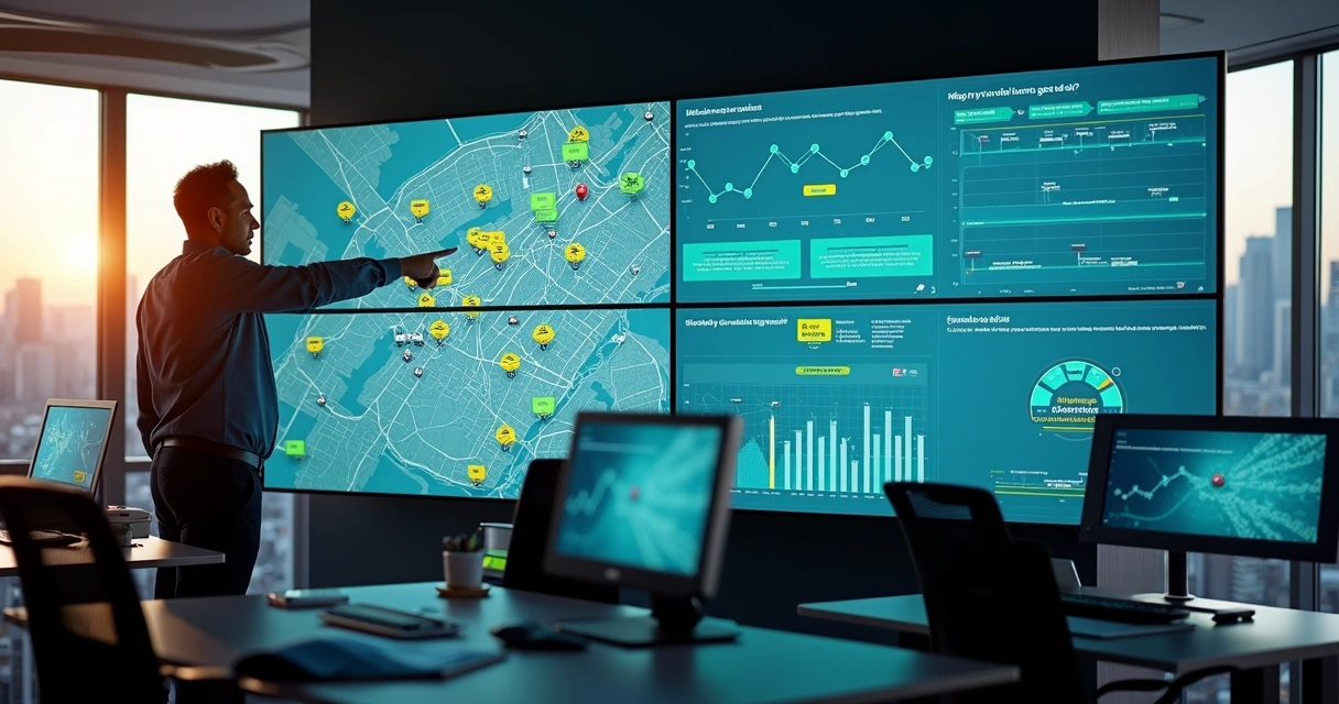 Gestor acompanhando em tela digital a rota e jornada de motoristas em campo 