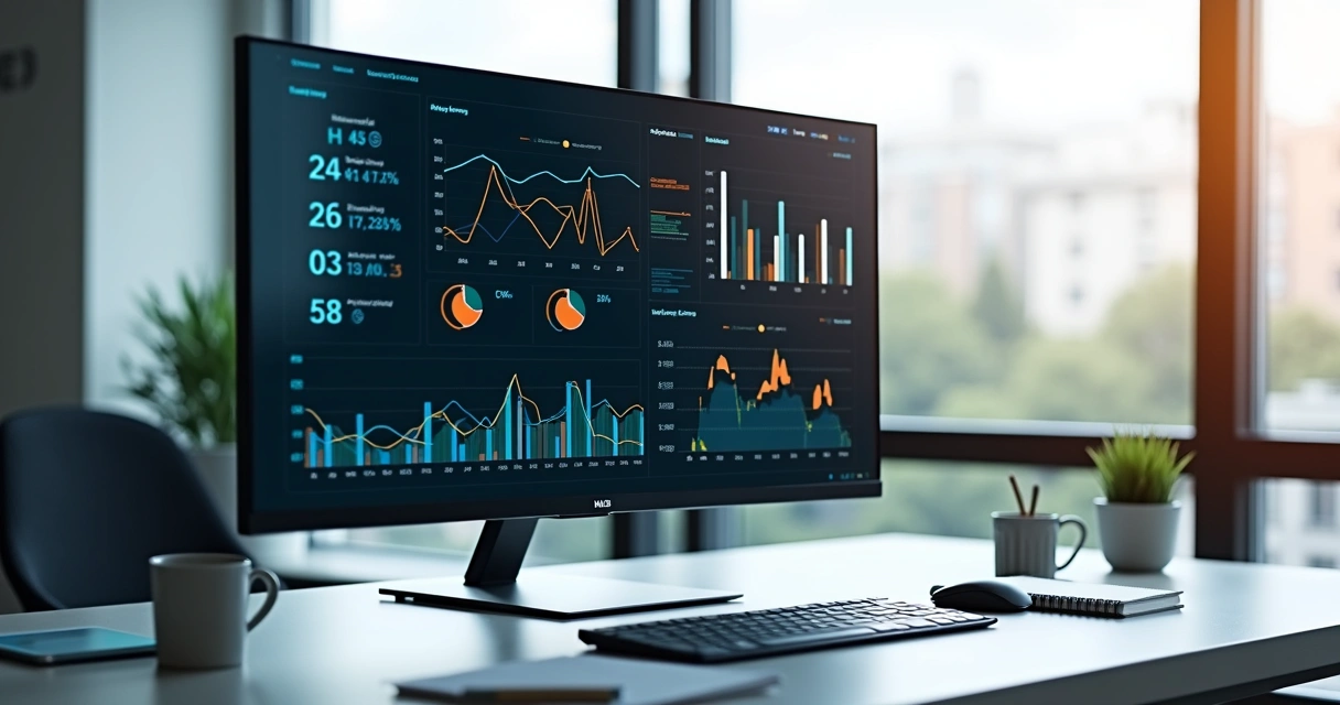Dashboard digital com gráficos e indicadores de desempenho para fluxos automatizados em ambiente corporativo 
