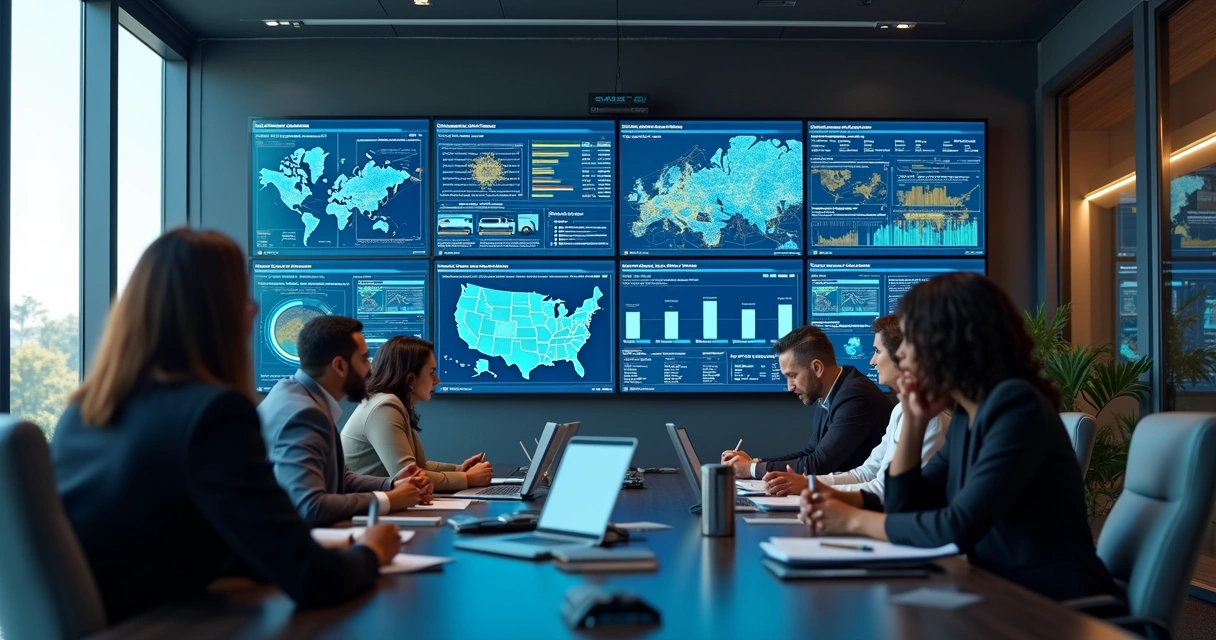 Equipe analisando gráficos e indicadores de transporte corporativo em tela digital moderna 