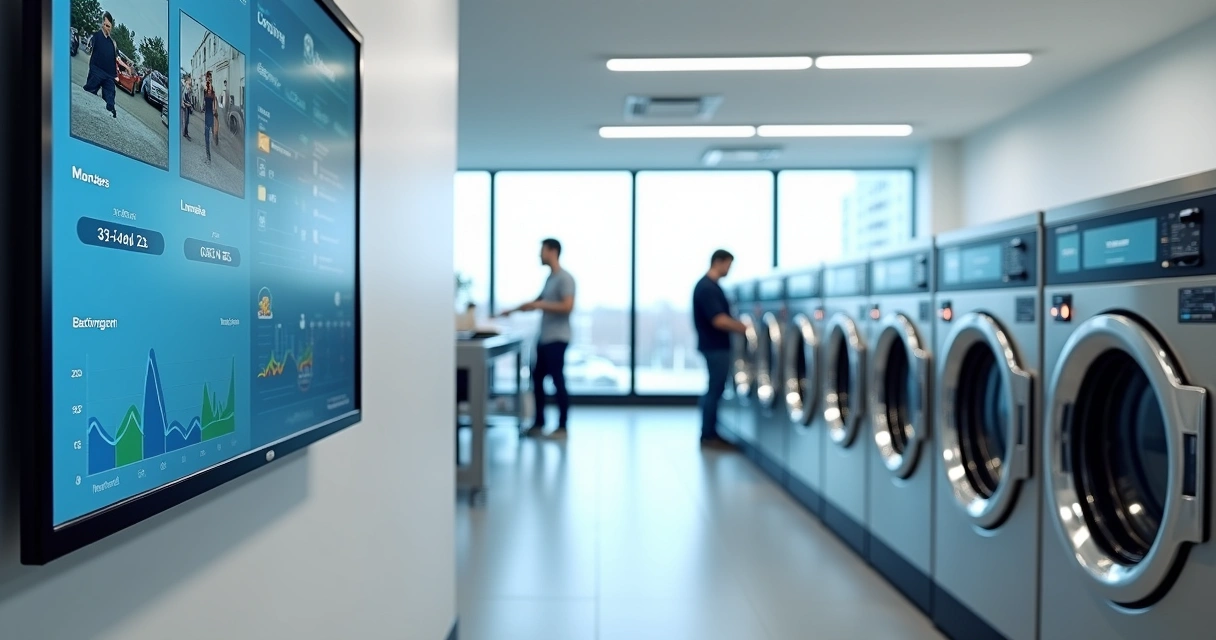 Painel de monitoramento com câmeras e gráficos em lavanderia de autoatendimento moderna 
