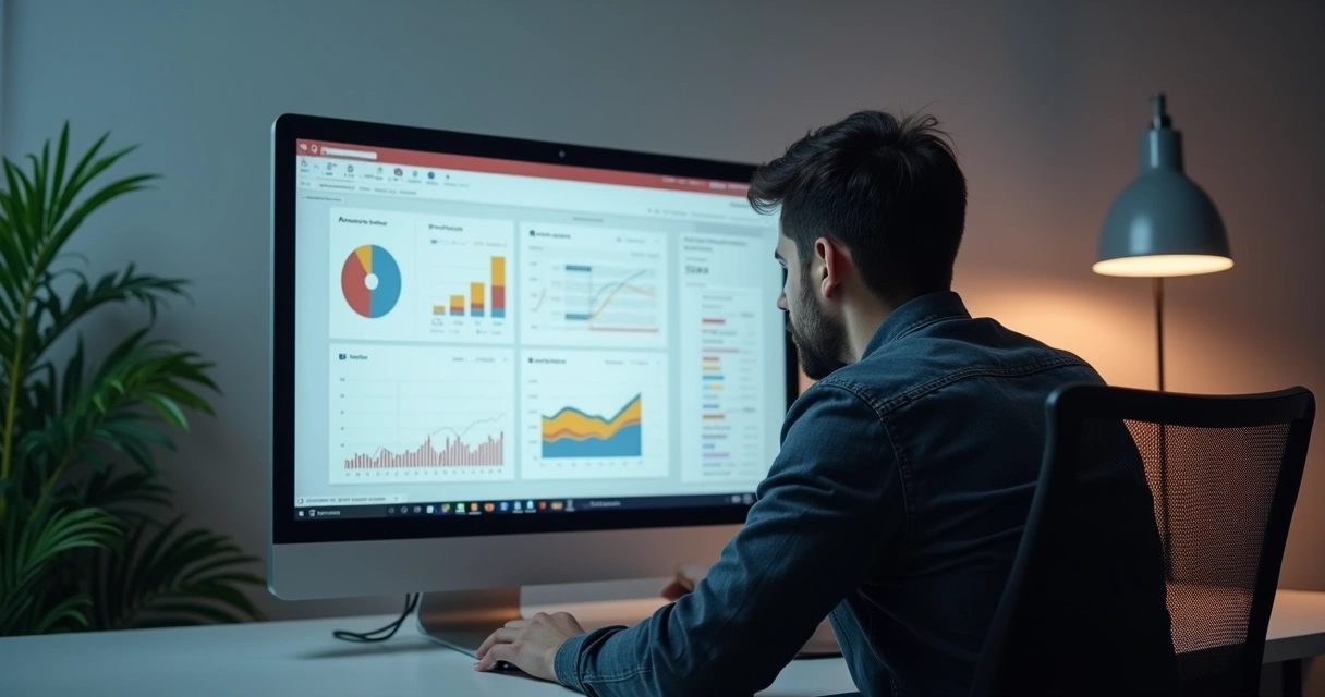 Tela de computador mostrando gráficos de SEO com homem atento 