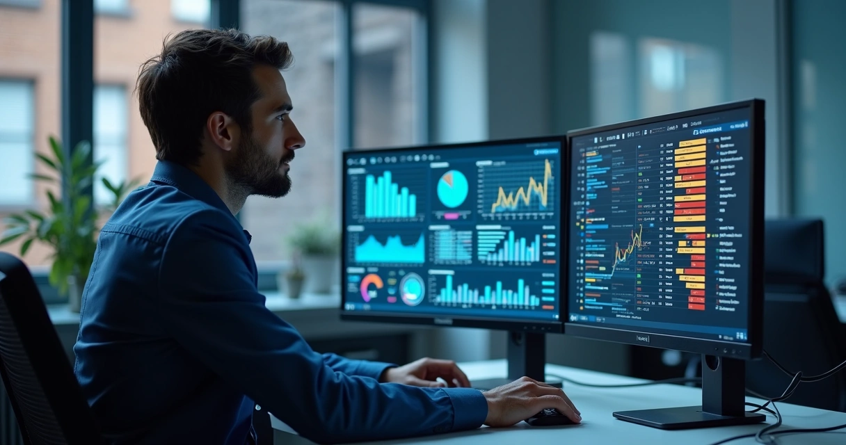 Profissional analisando gráficos e dados em tela dupla sobre listas restritivas 