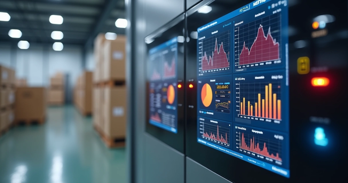 Painel digital exibindo gráficos e alertas em tempo real para monitoramento logístico de temperatura e umidade 
