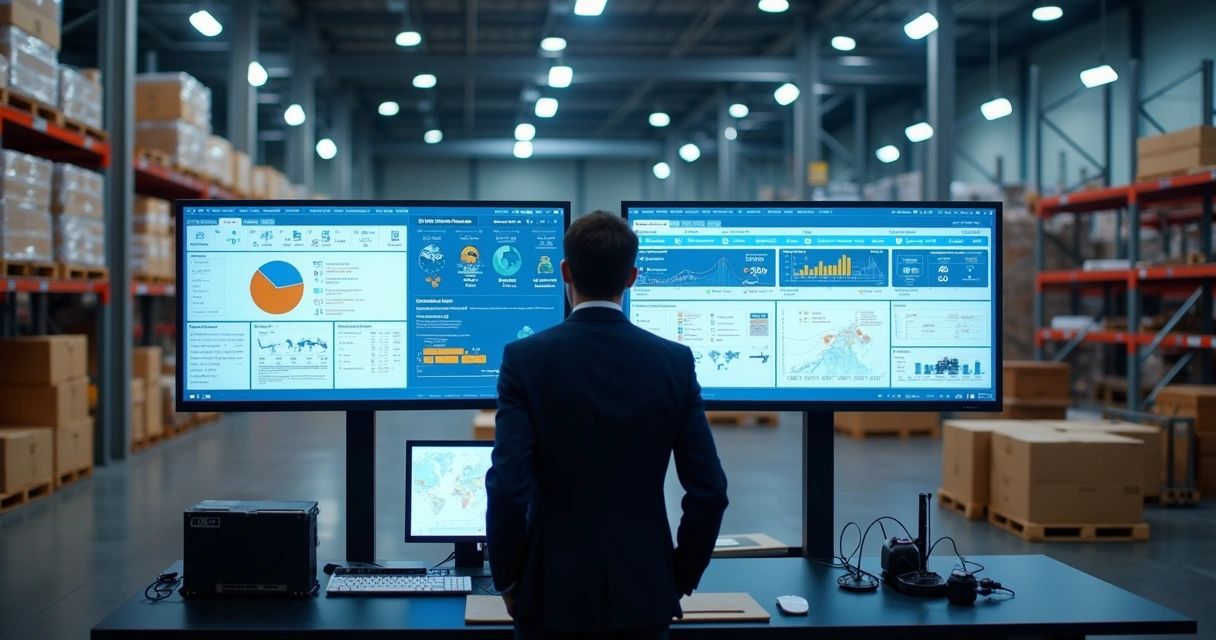 Gestor acompanhando fluxo logístico e suprimentos em dashboard industrial