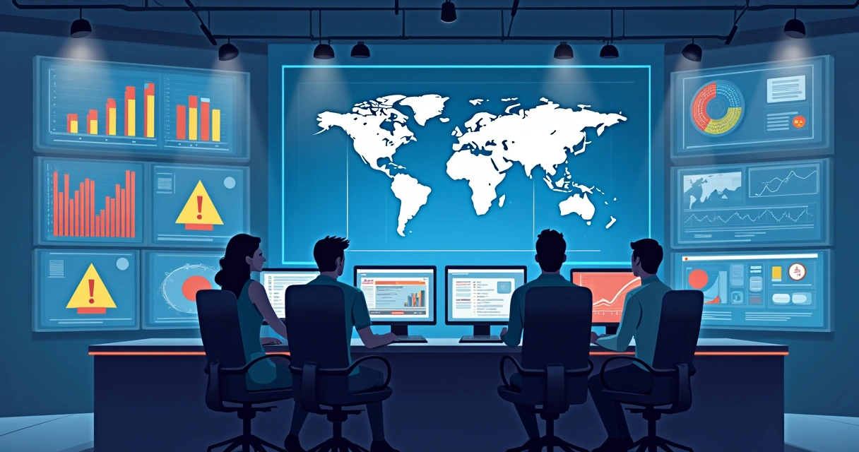 Equipe monitorando painel digital com alertas de fraude 