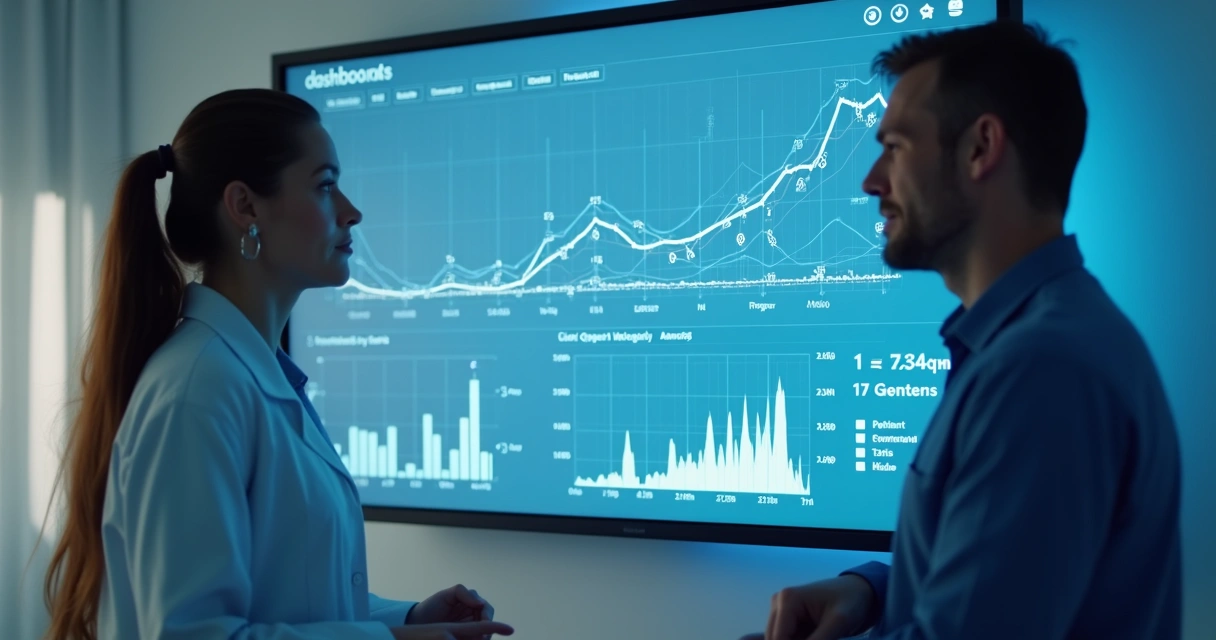 Painel digital mostra evolução de paciente ao longo do tempo por gráficos de linha, cores frias predominantes, ambiente clínico moderno