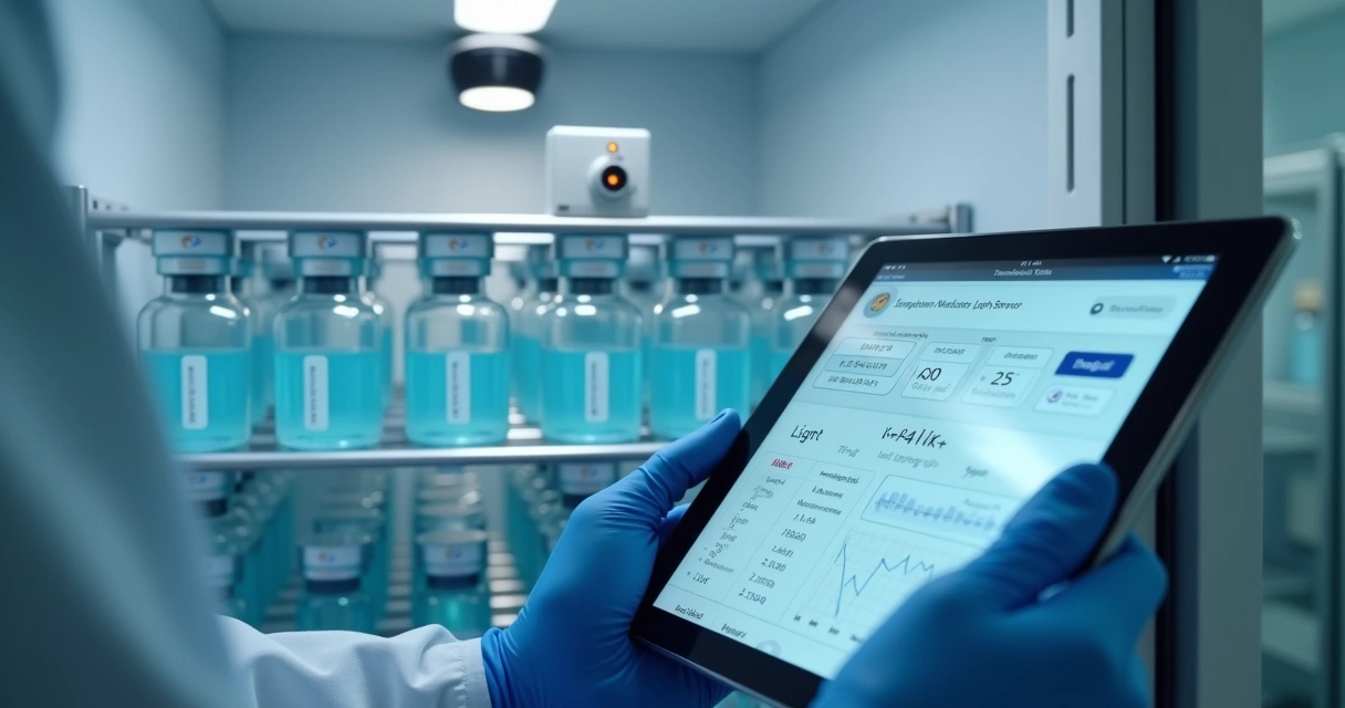 Frascos de vacinas em geladeira médica com sensor de luminosidade conectado por IoT 