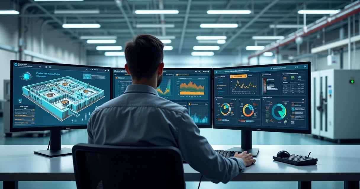 Painel de monitoramento IoT com gráfico de manutenção preventiva e técnico analisando dados 