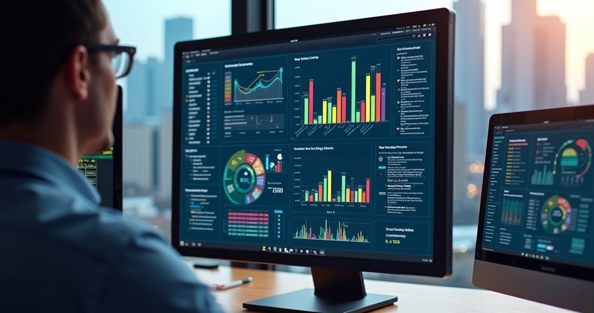 Profissional analisa gráficos de menção de marca por IA em monitor de computador grande 