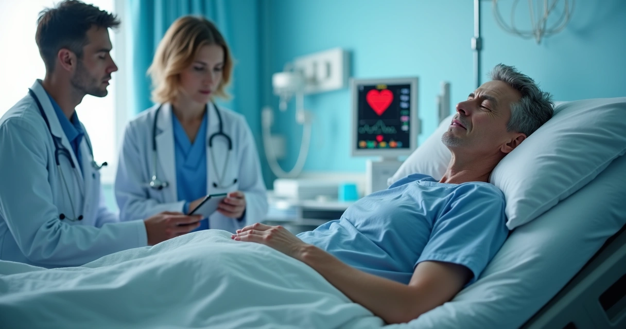 Paciente com insuficiência cardíaca monitorado por equipe médica.