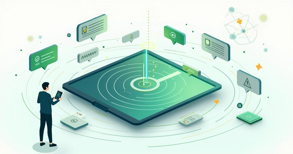 Ilustração de radar digital vigiando bolhas de conversa do WhatsApp 