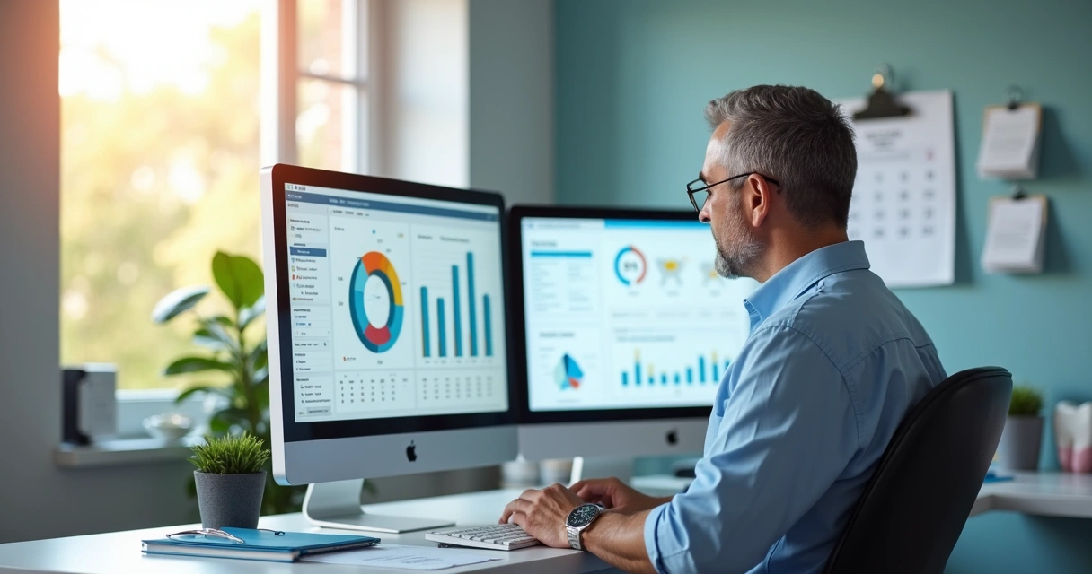 Gestor de clínica odontológica analisando gráficos de desempenho em tela de computador 