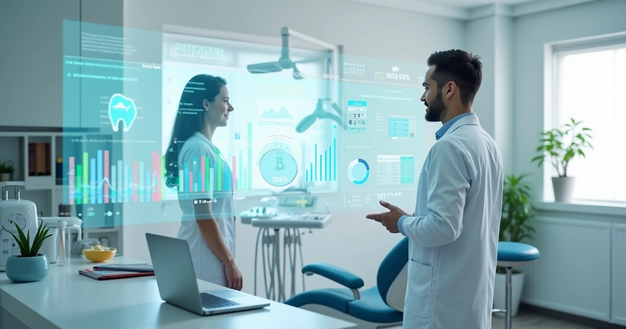 Dentista analisando metas em painel digital ao lado da cadeira odontológica 