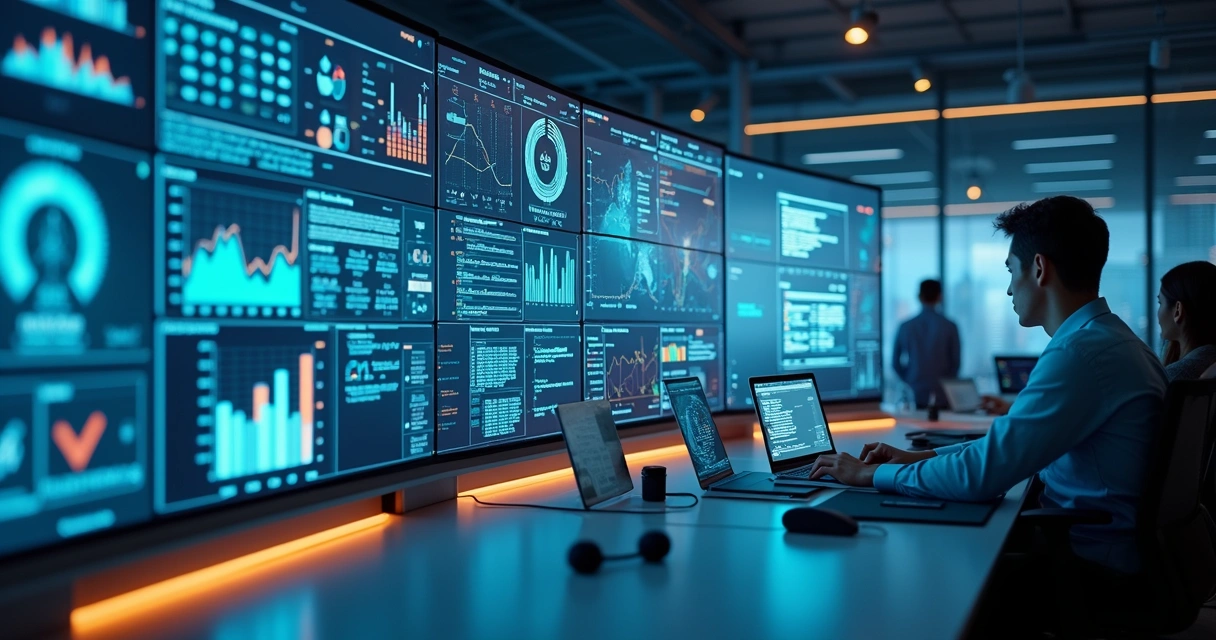 Painel de controle com gráficos coloridos exibindo métricas de atendimento