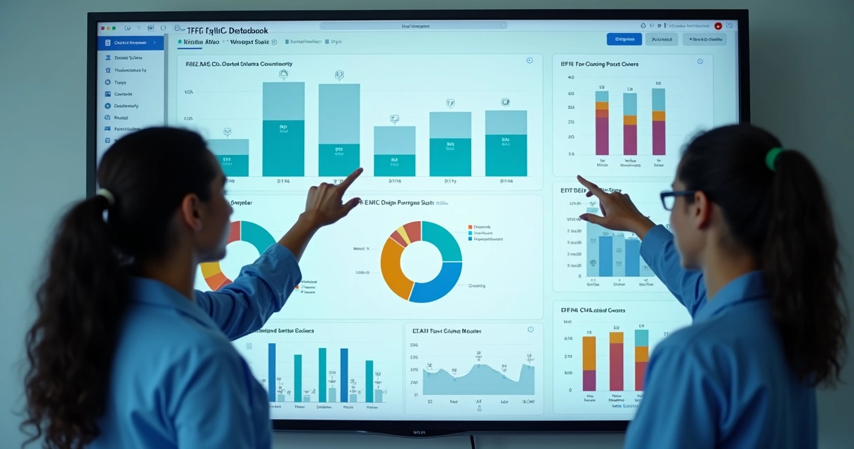 Dashboard digital de métricas odontológicas em tela grande, equipe reunida analisando gráficos coloridos