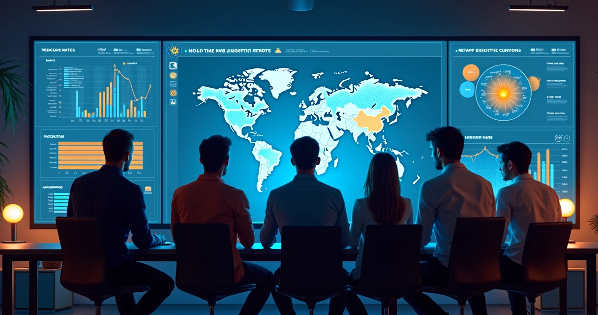Monitoramento de métricas digitais em tela grande com equipe analisando