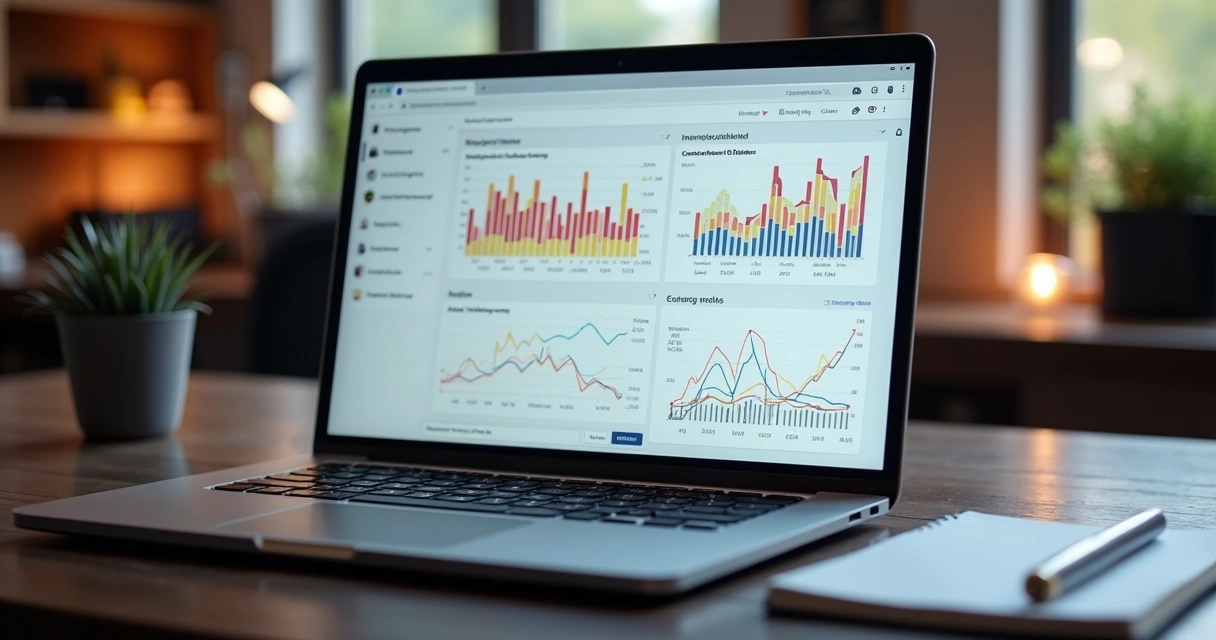 Gráfico colorido de métricas do Instagram em tela de notebook 
