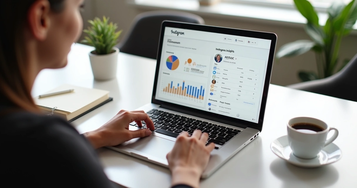 Pessoa analisando métricas do Instagram em notebook 