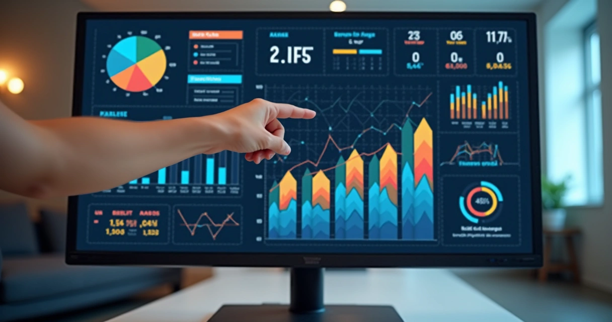 Gráfico de métricas de marketing digital com números e telas de computador 